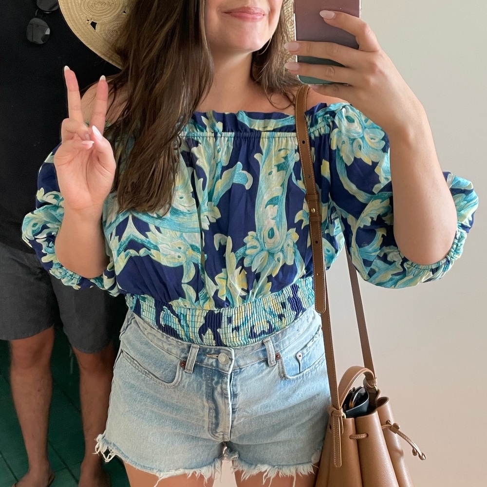 Italian Blue Patterned Off the Shoulder Top